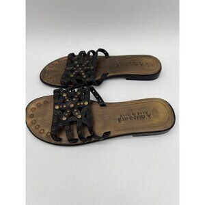 A. Gianneti Sandals Slides Women’s 7.5 Black Leather Brushed Gold Studded Shoe